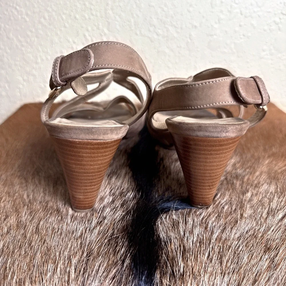 Stuart‎ Weitzman 9 Tan Leather Cone Heeled Cage Ankle Strap Sandals Neutral
